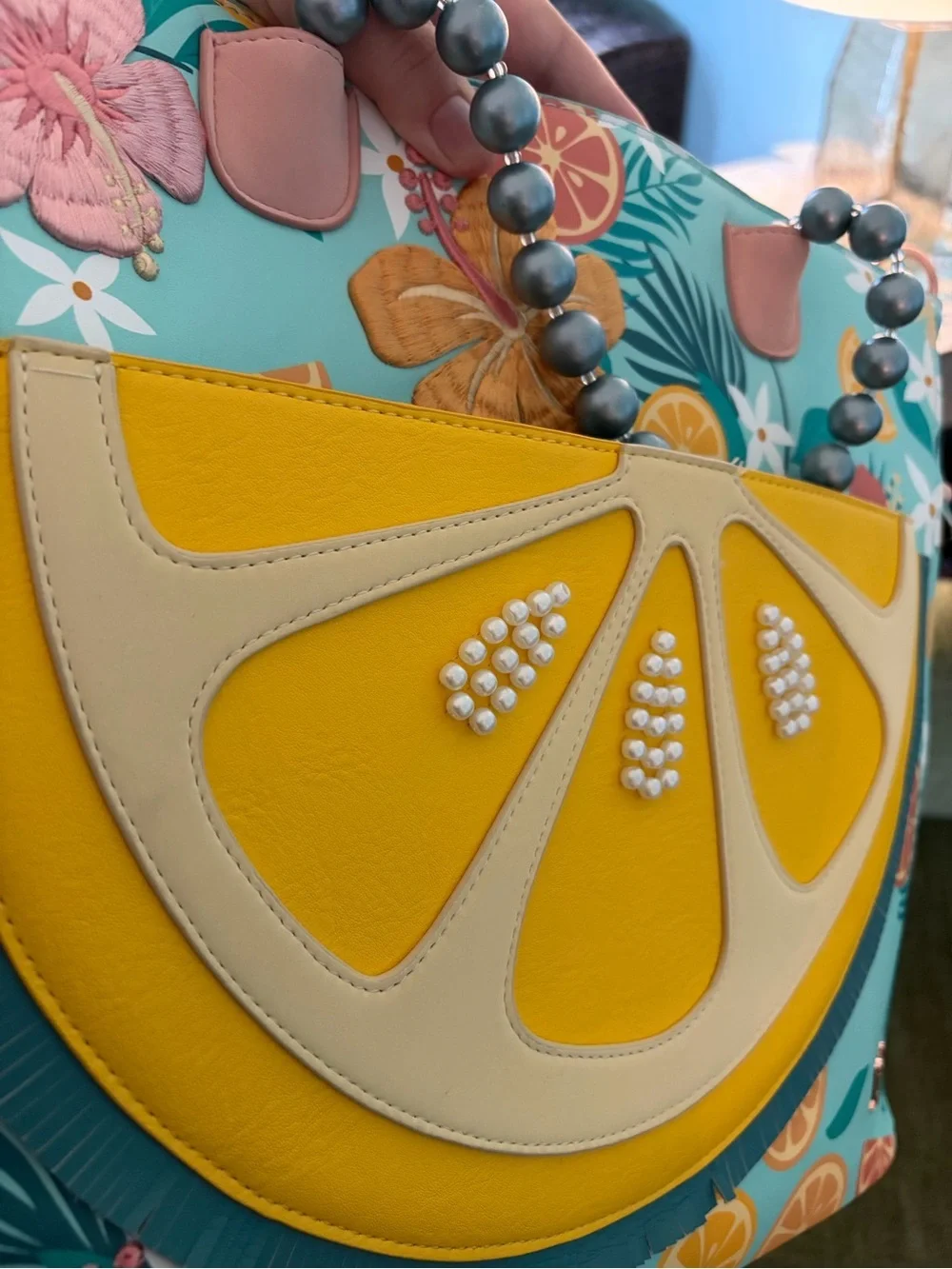 Loungefly Citrus Slice Tote in Yellow and Aqua with Pearl Accents